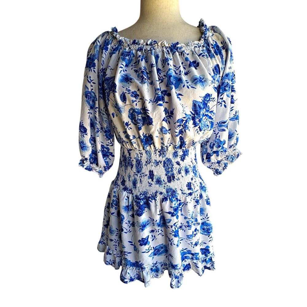 Blue & White Floral Off Shoulder Smocked Waist Puff Sleeve